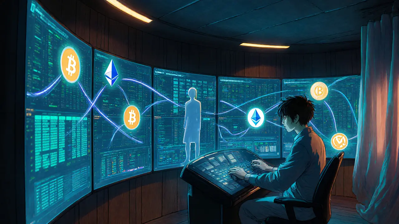 Futuristic monitoring room showing interconnected blockchain data streams.