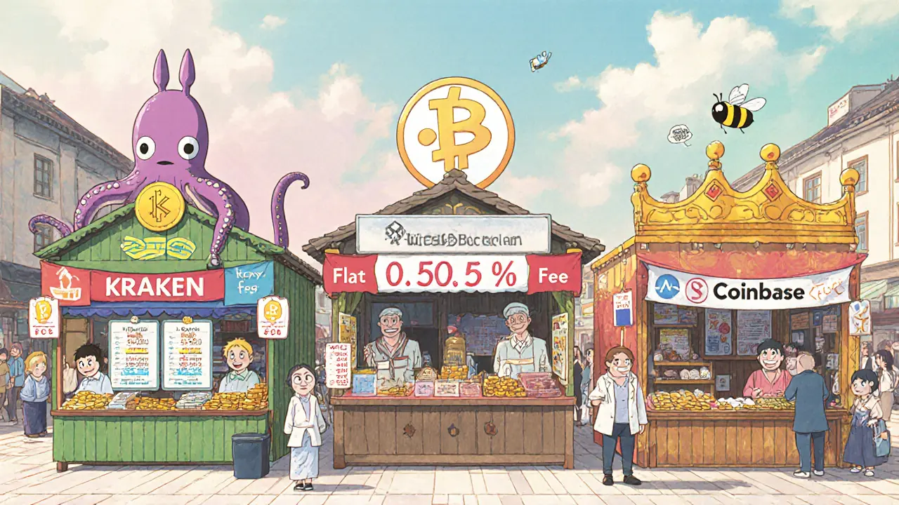 Market stalls compare Bits Blockchain flat fee with Kraken, Binance US, and Coinbase fees.