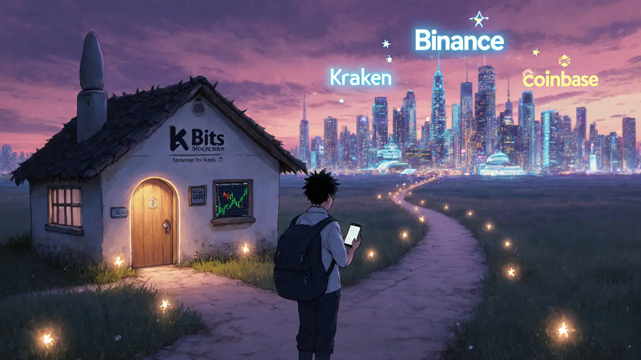 Traveler at a fork choosing between Bits Blockchain cottage and a bustling crypto city.