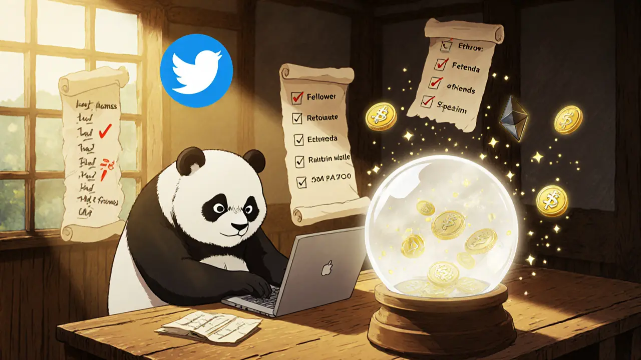 Panda at a desk checks Twitter tasks while glowing $PANDO tokens swirl.