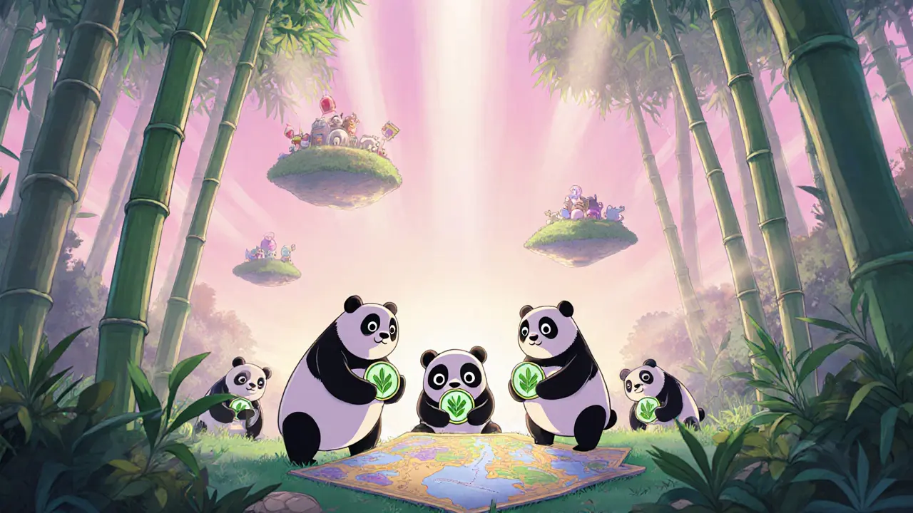 Panda avatars explore a bright bamboo forest with floating NFT tokens.