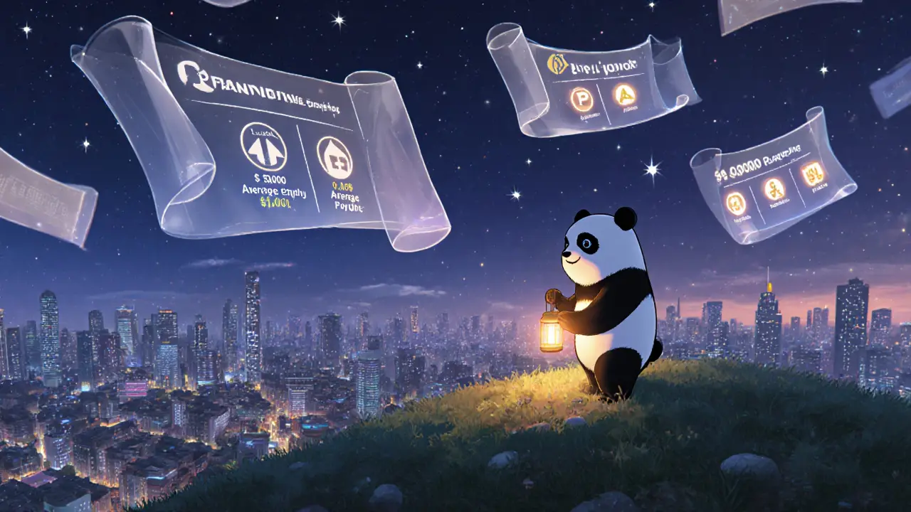 Panda gazes over a twilight city with floating scrolls of token stats.