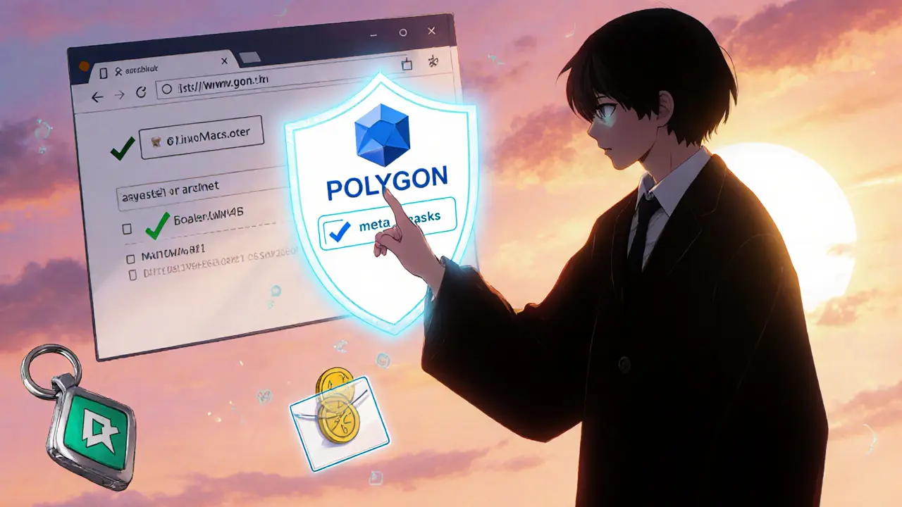 Cautious user verifying a URL and using a new wallet, shielded by a Polygon logo in sunrise light.