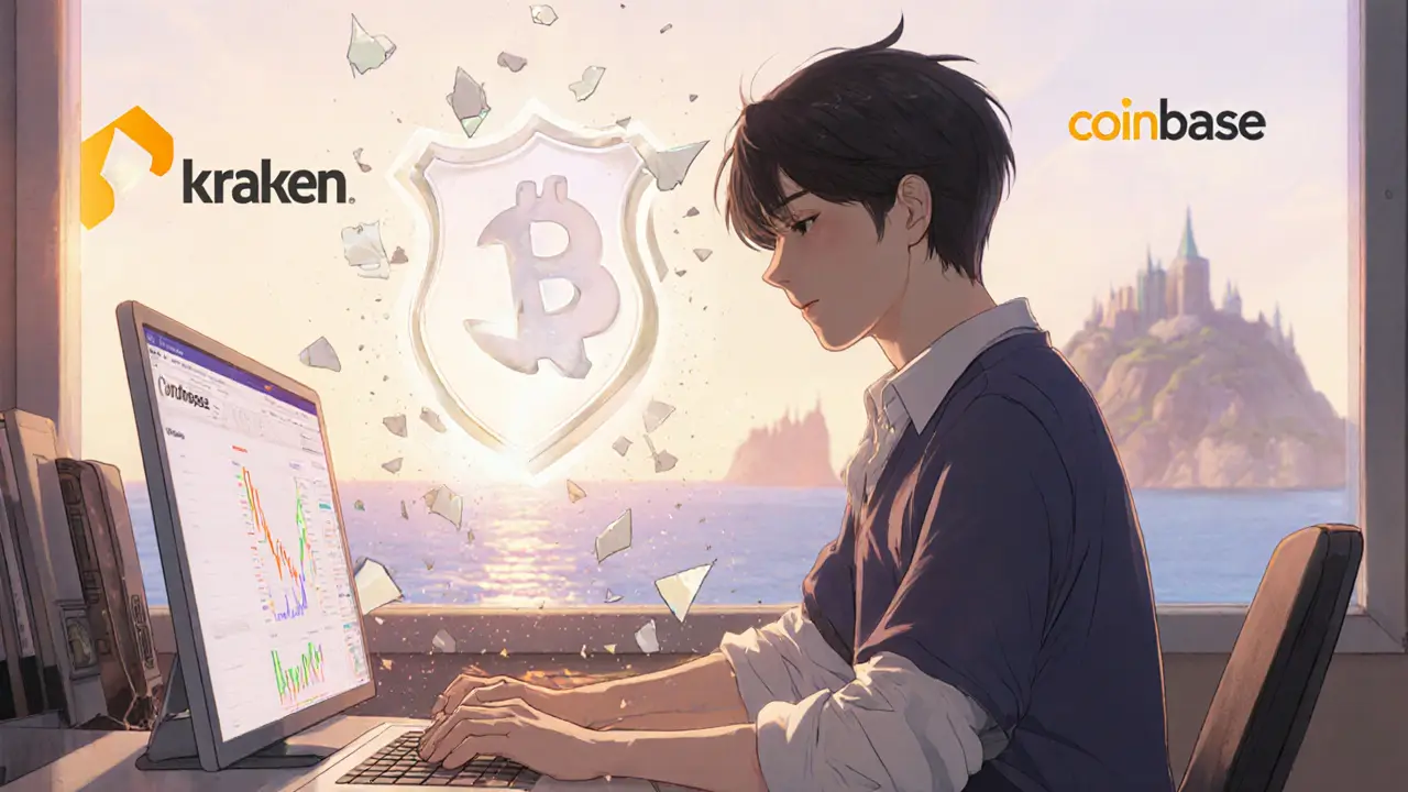 Confident trader using Crypto.com safely, shielded, with broken Cronus Finance logo in background.