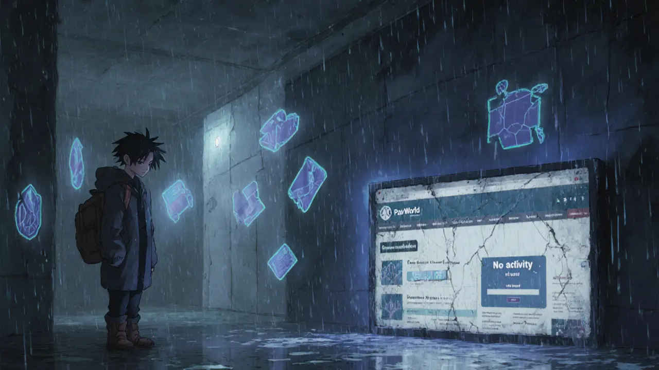 Disheartened user in a rainy hallway surrounded by broken NFT symbols and an abandoned website.