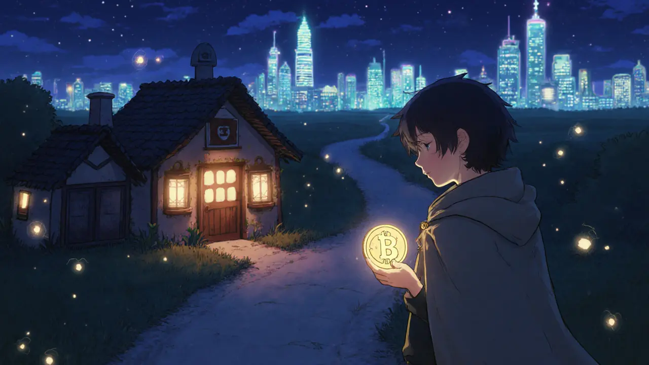 Explorer on a path from a small token village toward a glowing city representing larger DEXs.