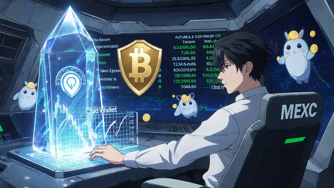 Futuristic cockpit showing demo trading, cold wallet vault, MX token discount, and futures chart.