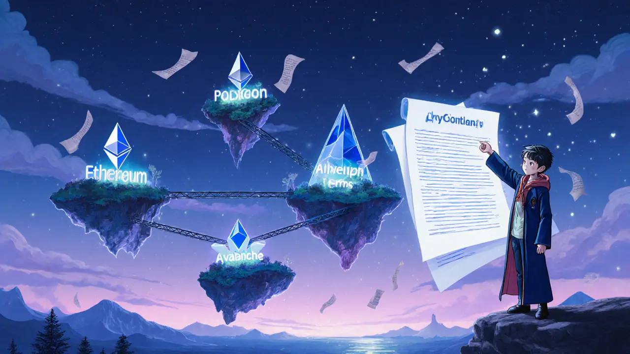 Ghibli-inspired scene of linked blockchain islands and a programmer casting a cross-chain smart contract.