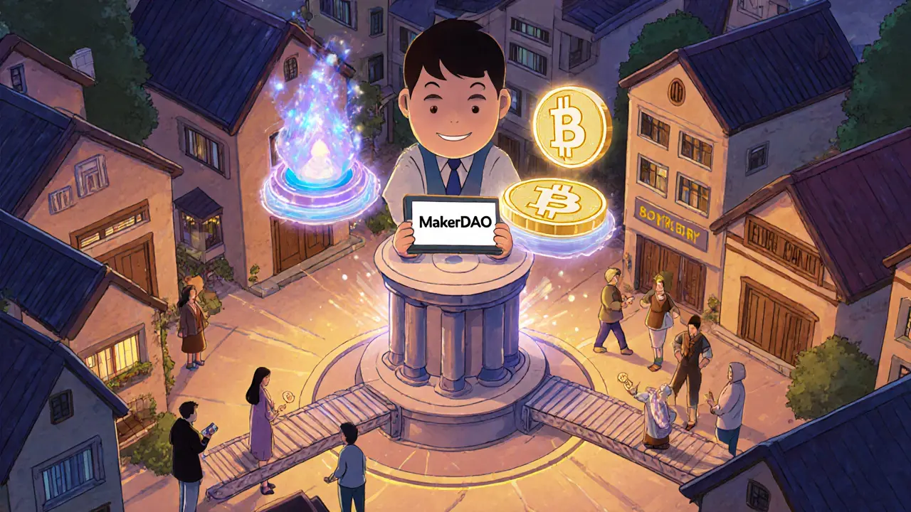 Ghibli-style DeFi town with MakerDAO symbol, ETH collateral spirits, and DAI token exchange.