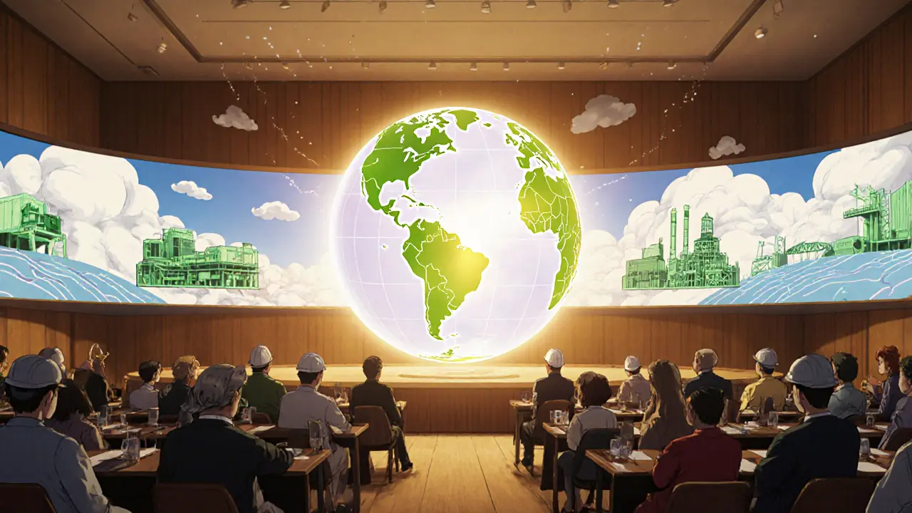 Global mining conference with Norway highlighted on a glowing globe, Ghibli style.