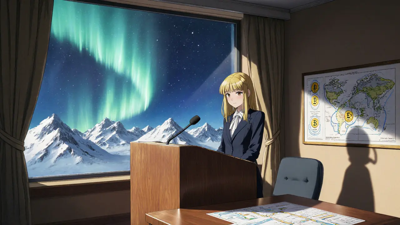 Minister Karianne Tung speaking with aurora backdrop in a Ghibli‑inspired office.