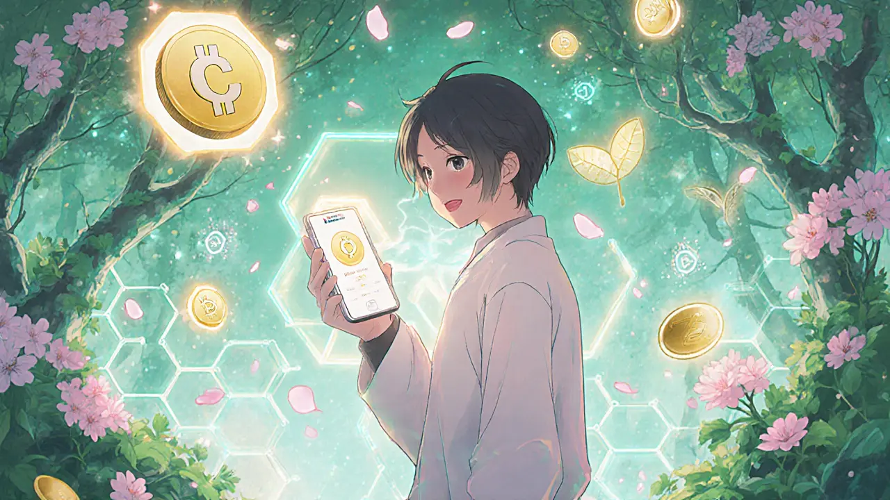 Protagonist holds phone showing Crypto.com app in a glowing digital forest with CRO token.