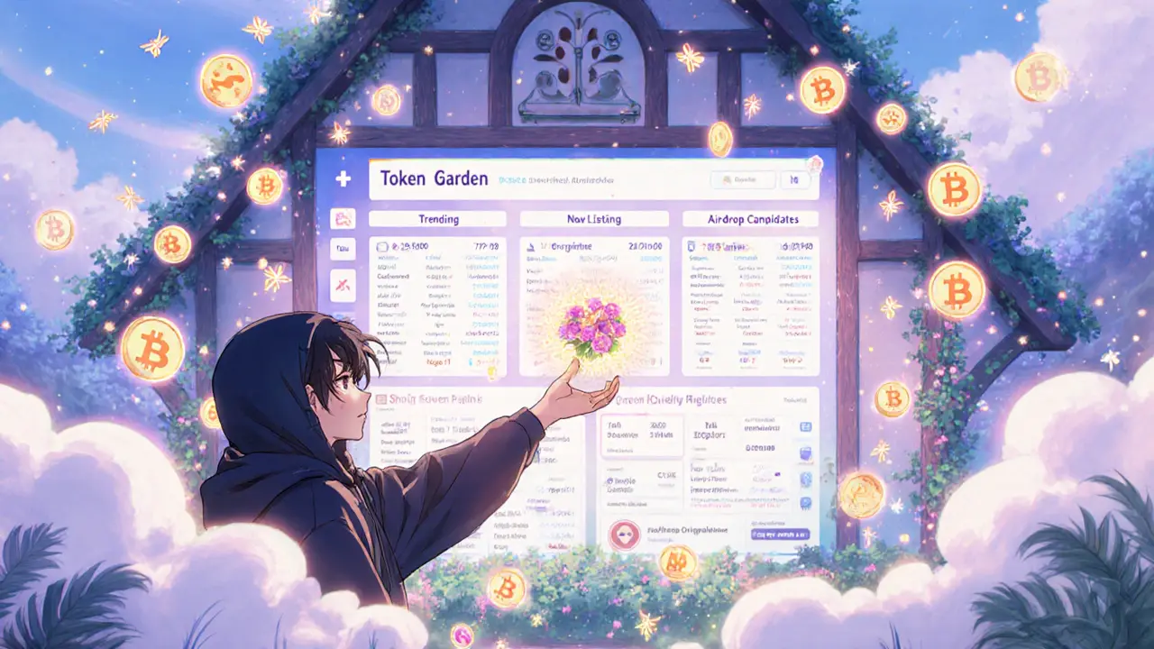 Whimsical crypto garden with floating token icons and a trader touching a new token.