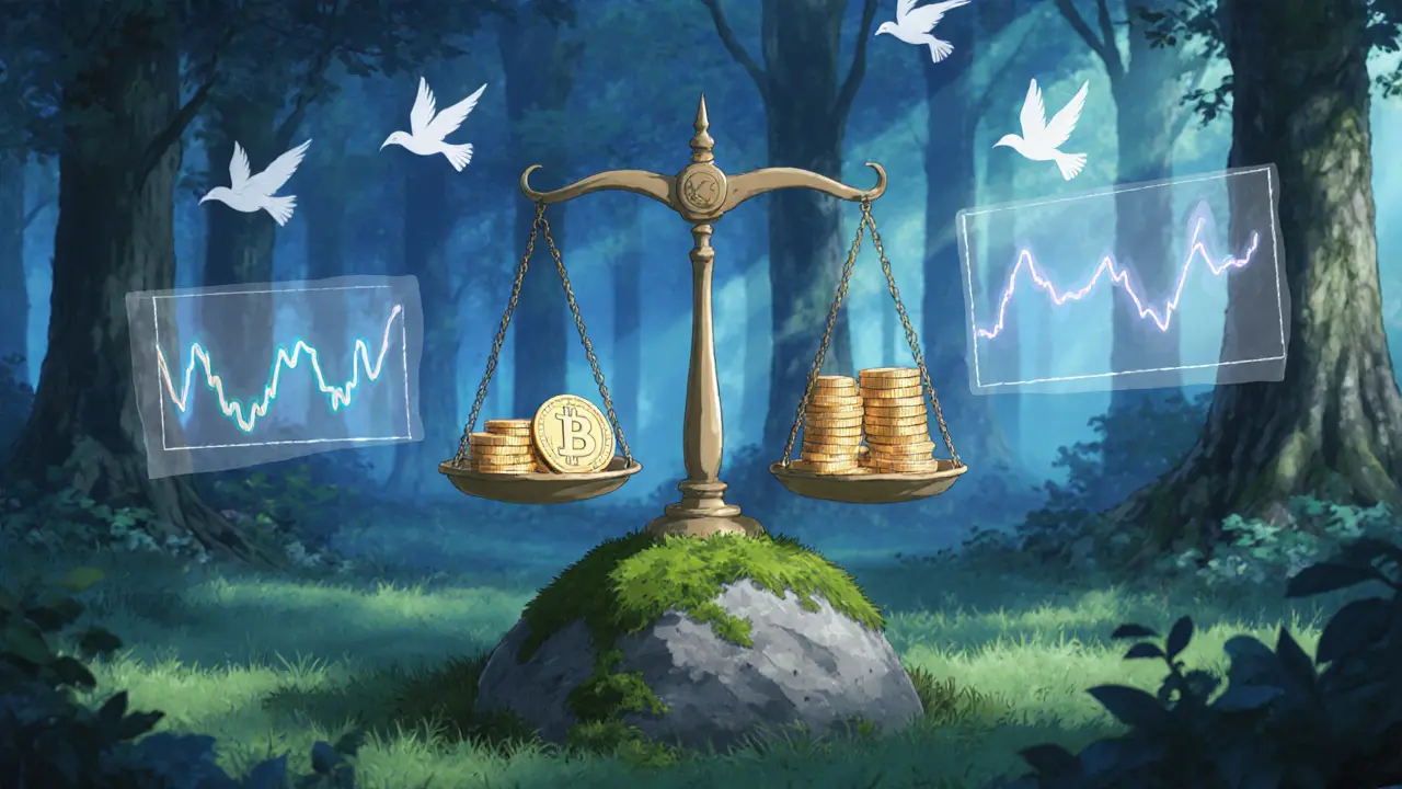 Balance scale with JANET tokens and volatile coins amidst floating chart lines in a forest.