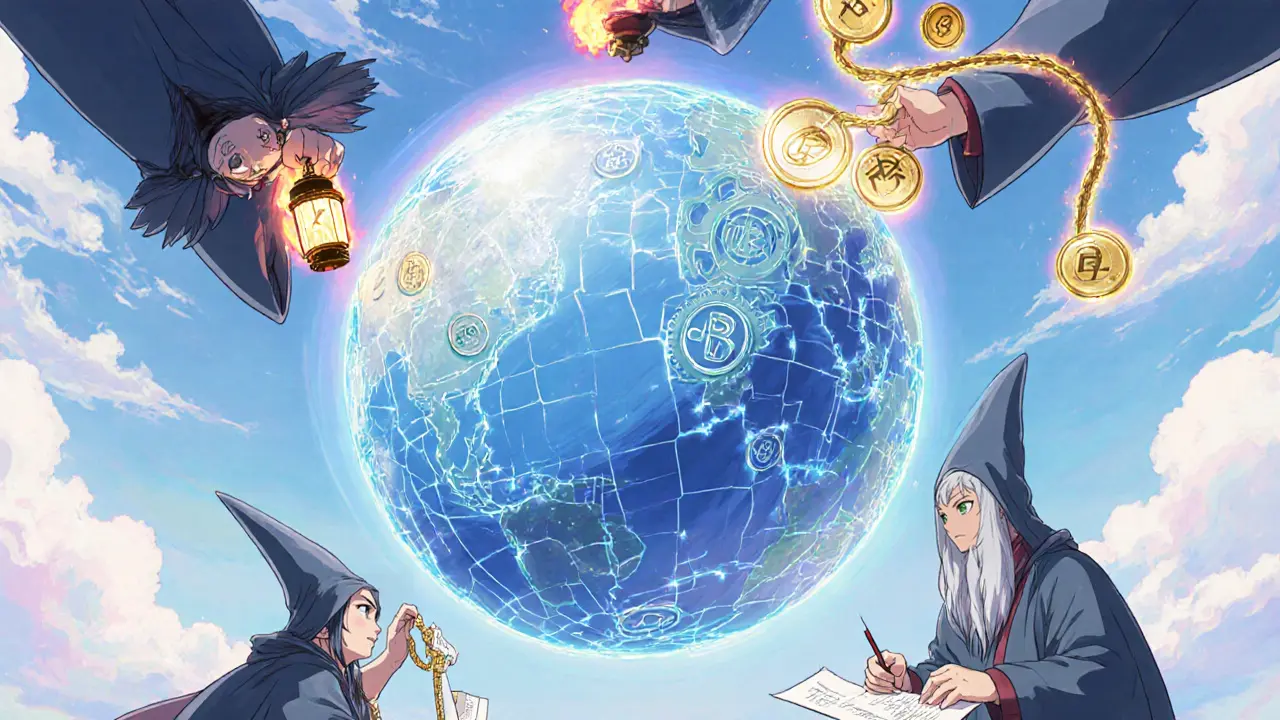 Council of spirits illustrating future tokenomics trends around a luminous token globe.