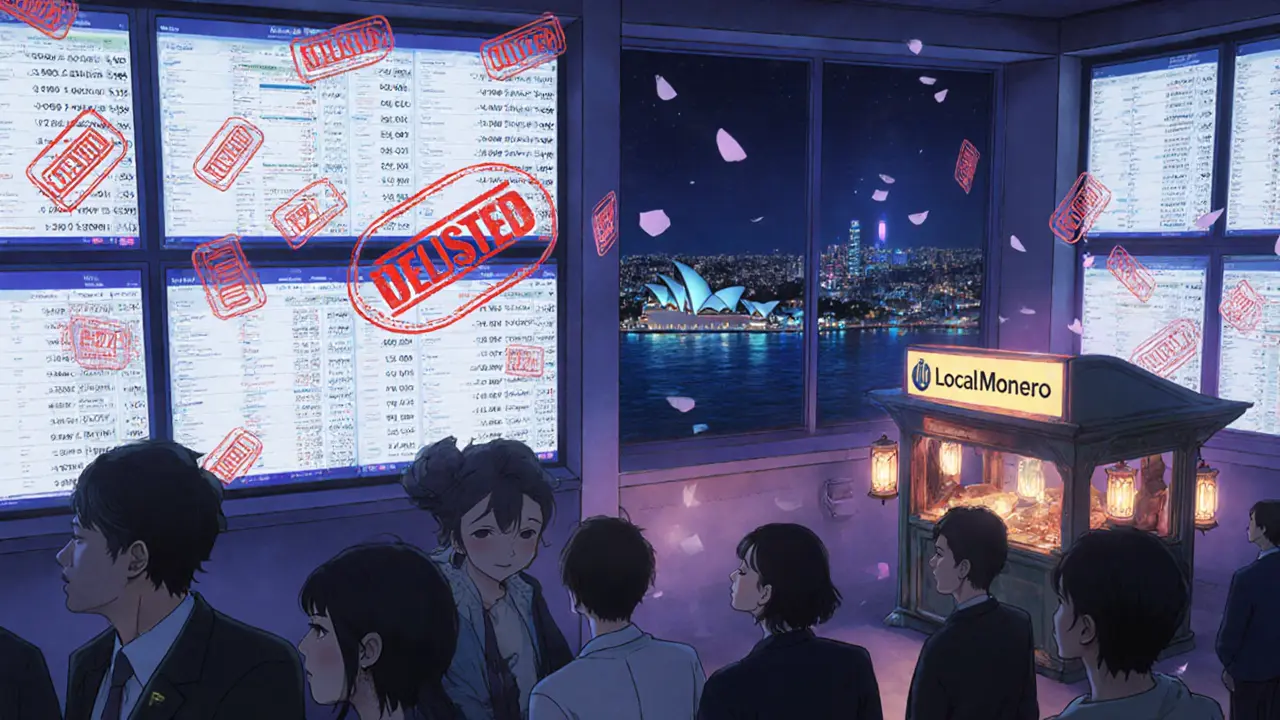 Crypto exchange floor with empty privacy‑coin order books and traders looking at a night‑time P2P kiosk.