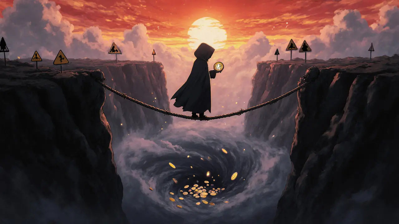 Figure on a rope bridge over abyss holding a fragile SHND token.