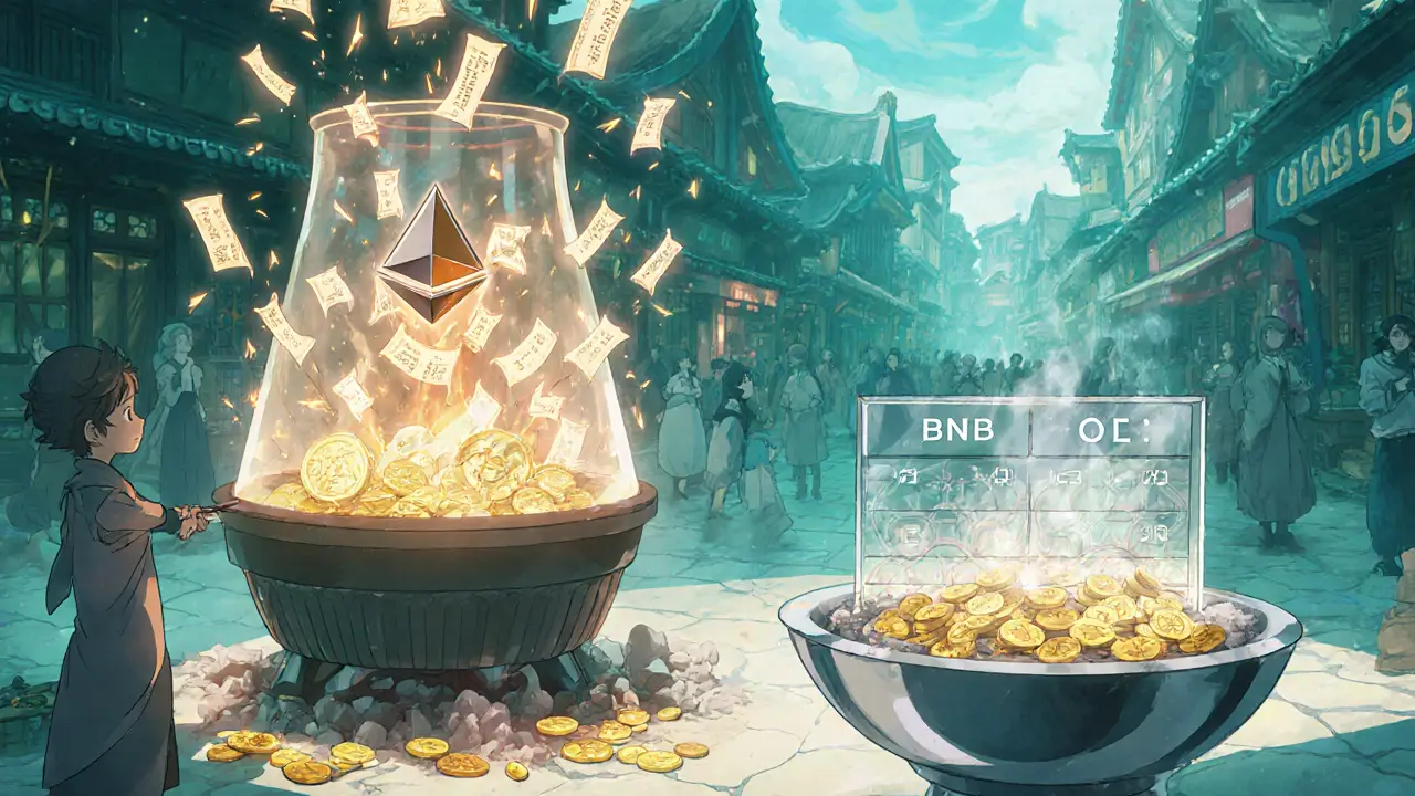 Magical marketplace showing ETH and BNB token burns as glowing furnaces.