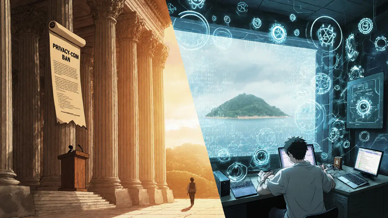 Split scene of parliament debating a ban, a developer coding selective disclosure, and an offshore island.