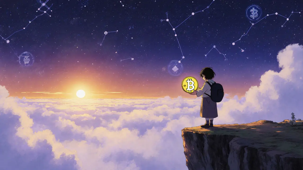 Traveler on a misty cliff holding a glowing JANET token under a dusk sky.