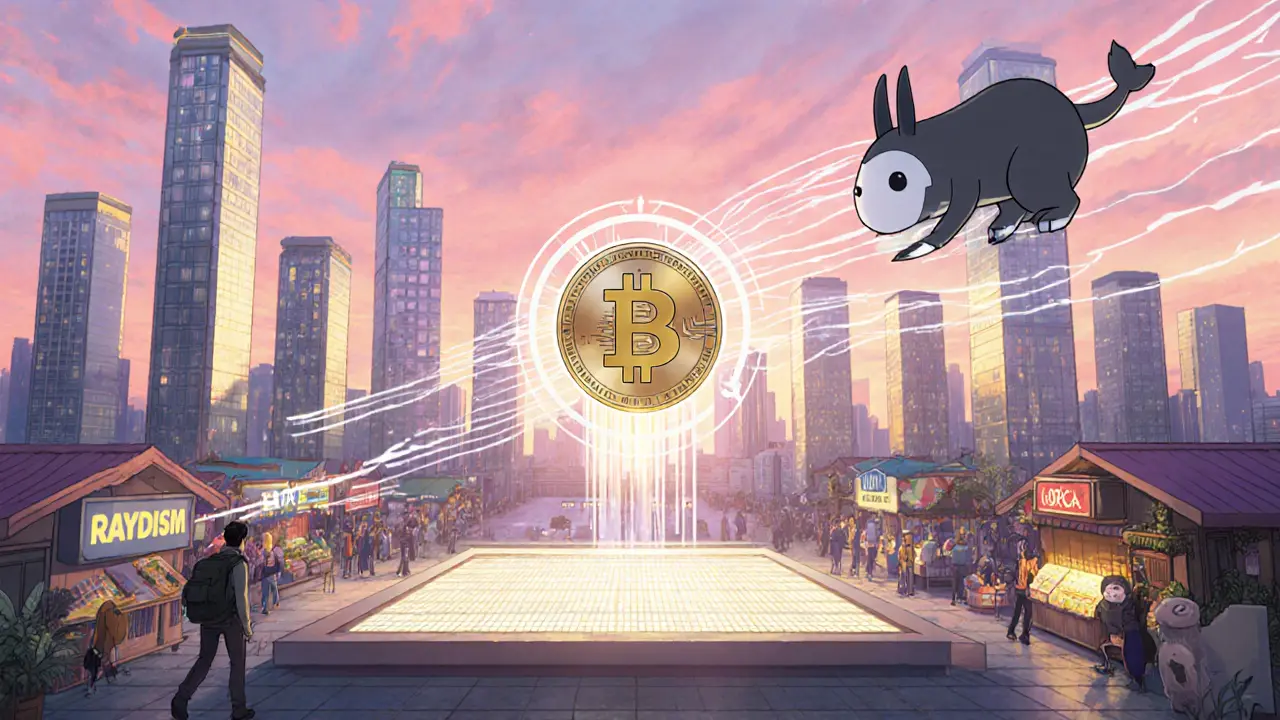 Futuristic Solana city with a floating GOAT token and Phantom wallet near DEX stalls.