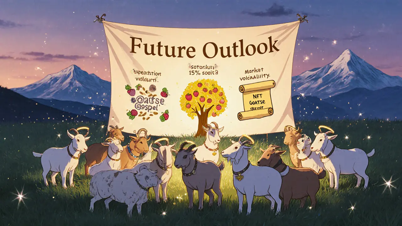 Goat herd in a meadow beside a banner showing staking and NFT concepts at dusk.