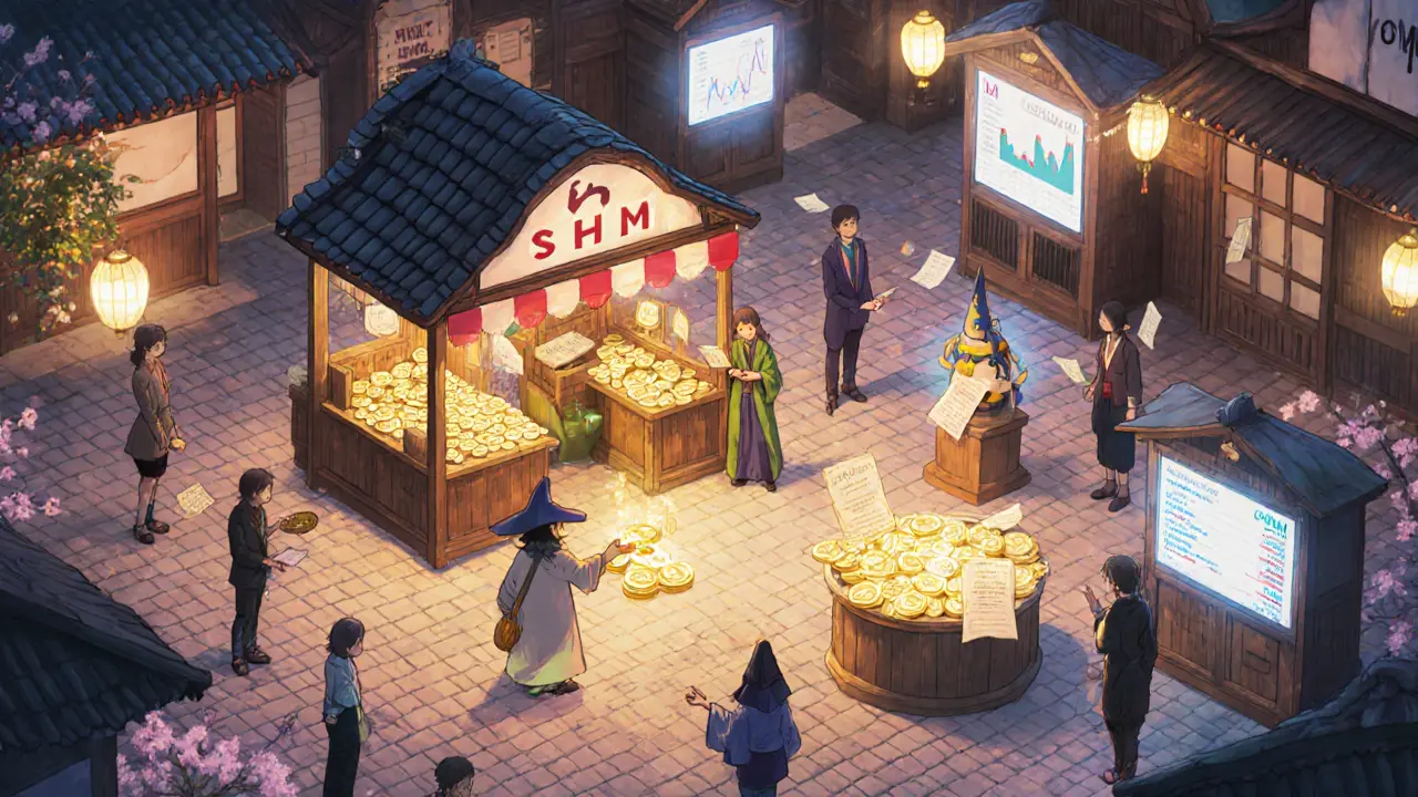 Marketplace scene showing SHM staking, trading, and governance in a Ghibli style.