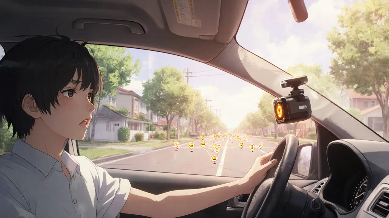 A driver in a car with a dashcam, road map updating and honey tokens appearing as the vehicle moves.