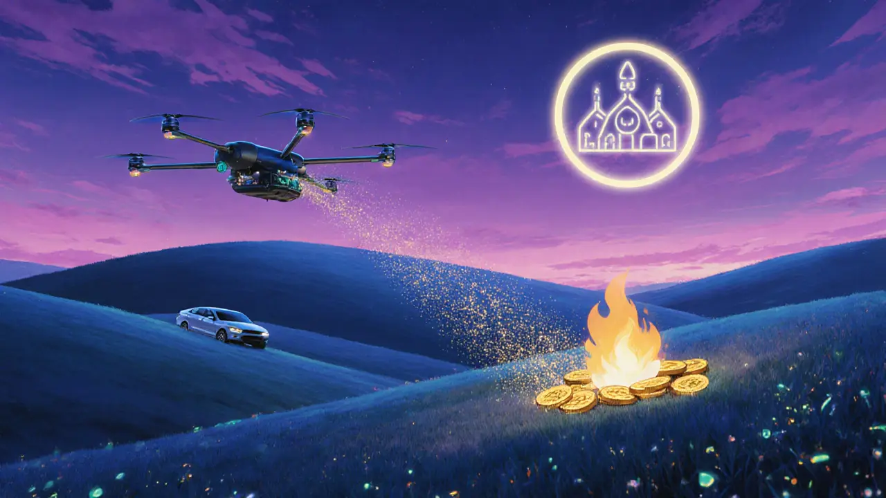 Drones and autonomous cars collecting data at dusk, with golden tokens burning and a holographic DAO circle.