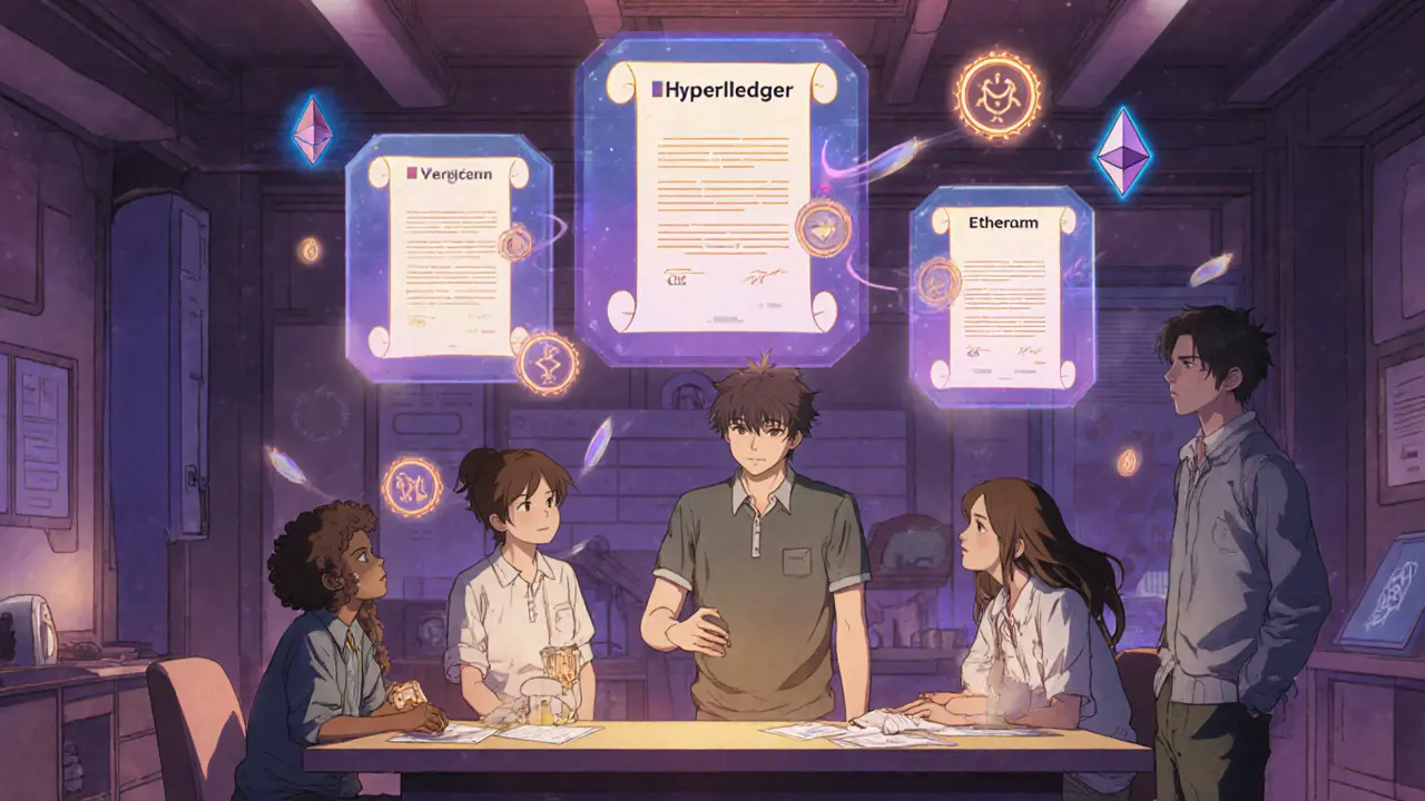 Engineers viewing holographic ledgers of Hyperledger Indy, Ethereum, and verifiable credentials.