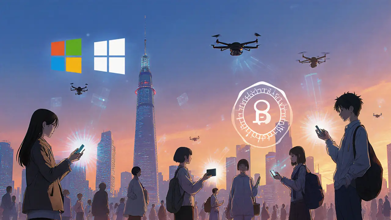 Future city at dusk with people using digital wallets and AI spirits for identity verification.