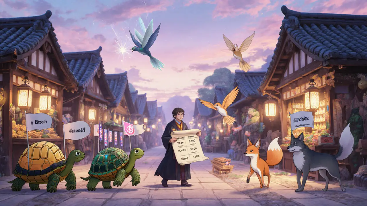 A fantasy marketplace with animal characters representing different blockchains showing varied confirmation speeds.