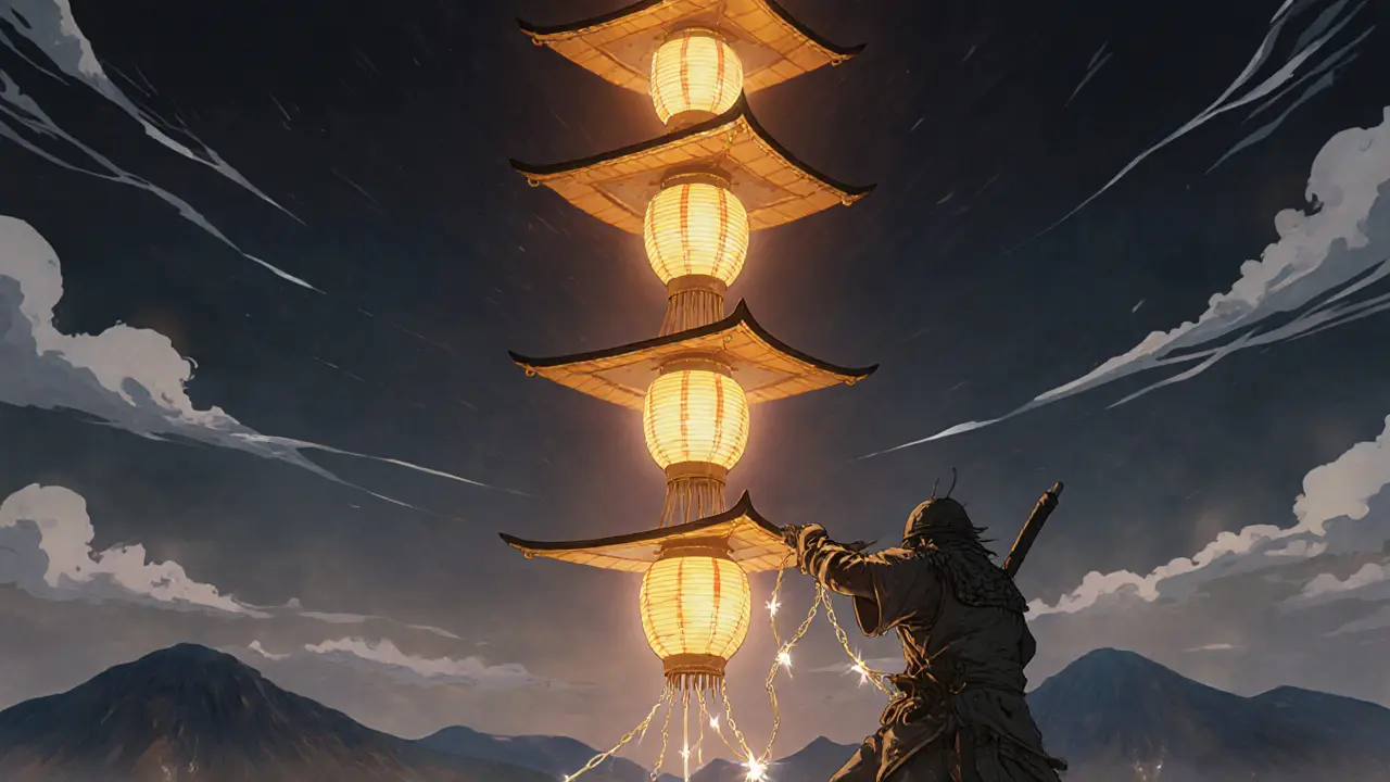 A tall stack of golden lanterns symbolizing blockchain blocks with a shadowy attacker trying to pull them down.