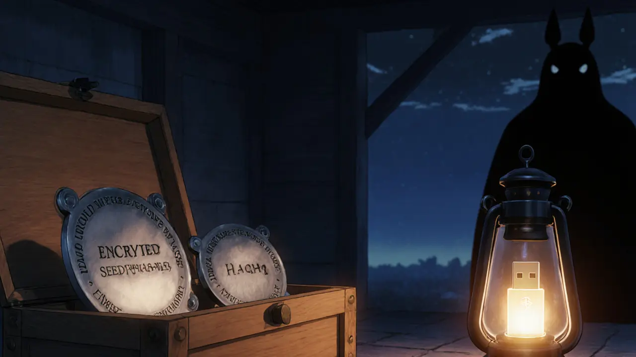 Safe‑house interior showing metal seed‑phrase plates, encrypted USB, and a protective light warding off a scammer.