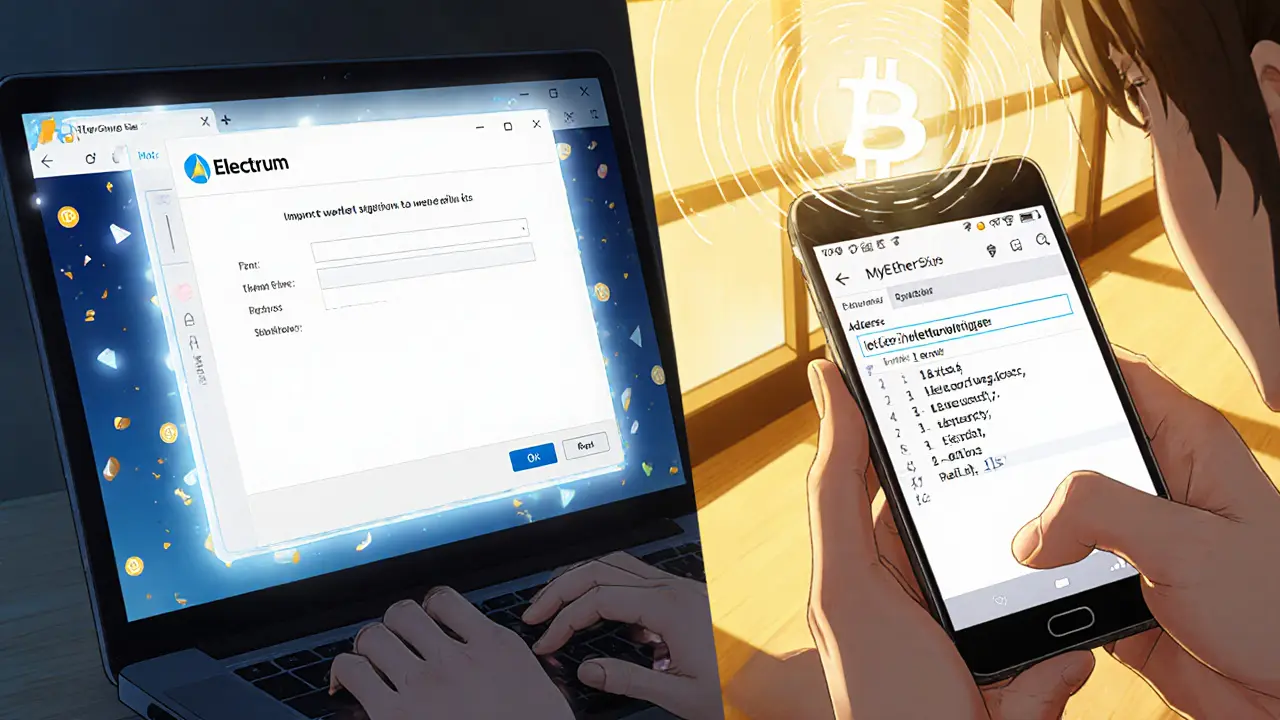 Split scene of seed phrase entered into Electrum on a laptop and private key pasted into MyEtherWallet on a phone.