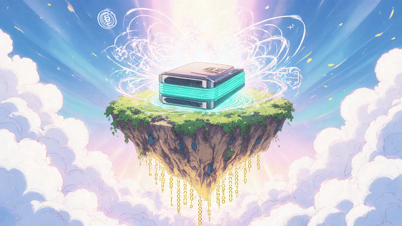 A futuristic cloud island with a luminous HSM and post‑quantum algorithm symbols.