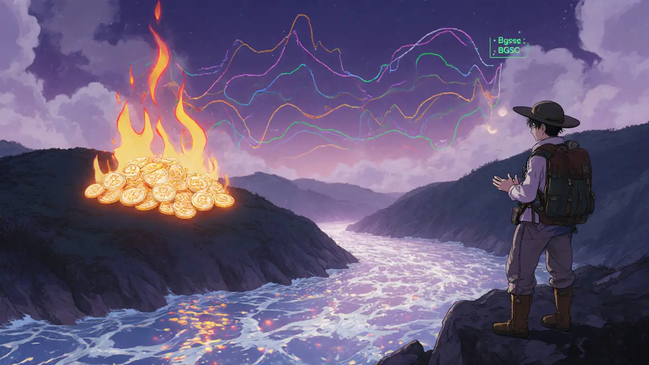 Animated landscape showing token burning, a liquidity river, and a chart-like sky indicating volatility.