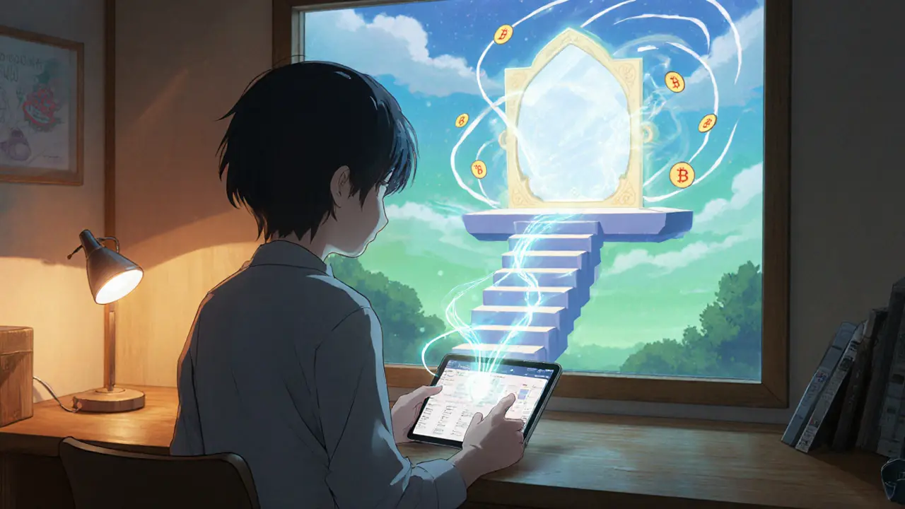 Character linking a crypto wallet to AntTalk with glowing tokens and a hopeful portal in the background.