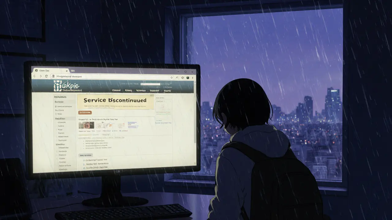 Dim office with fading Tokpie website and a figure leaving at dusk.