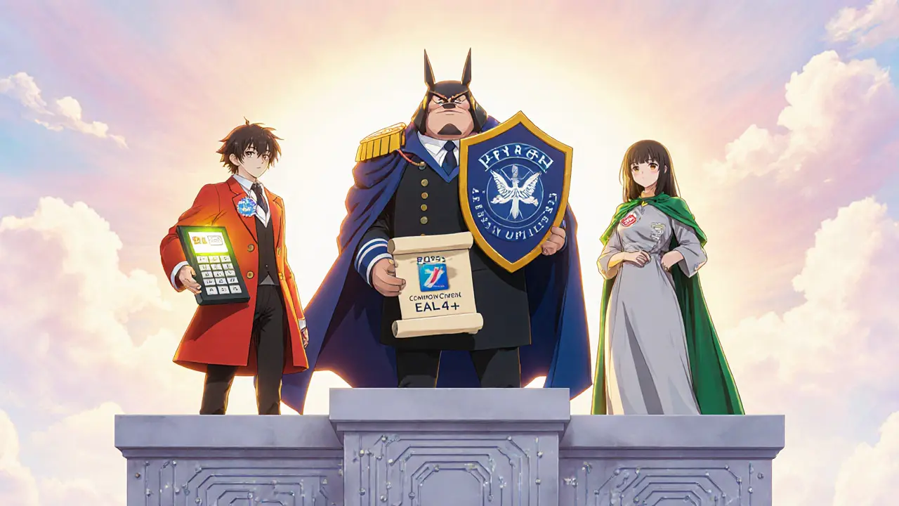 Three guardian characters representing PCI, FIPS, and Common Criteria stand on a comparison pedestal.