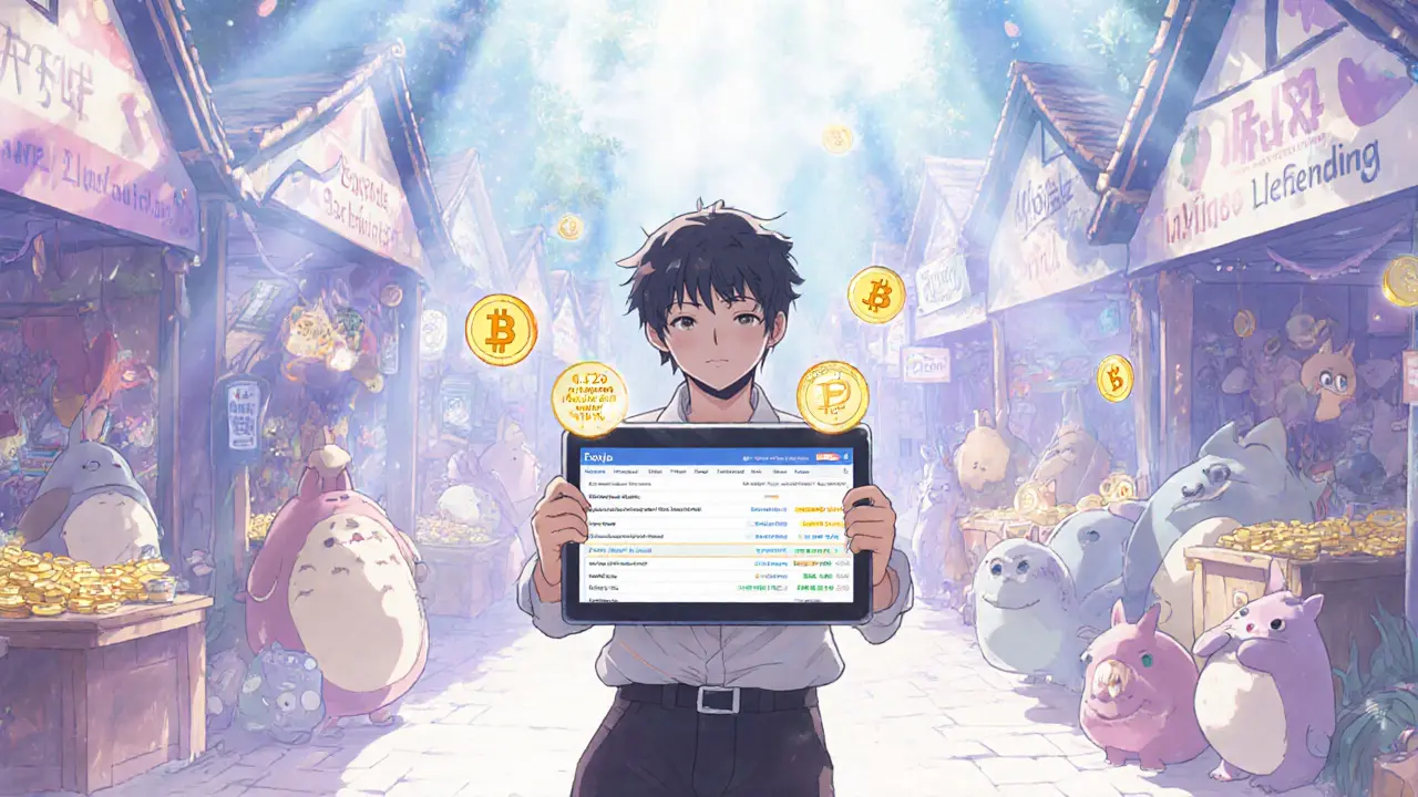 Whimsical marketplace showing Tokpie bounty‑stake trading with discounted TKP fee.