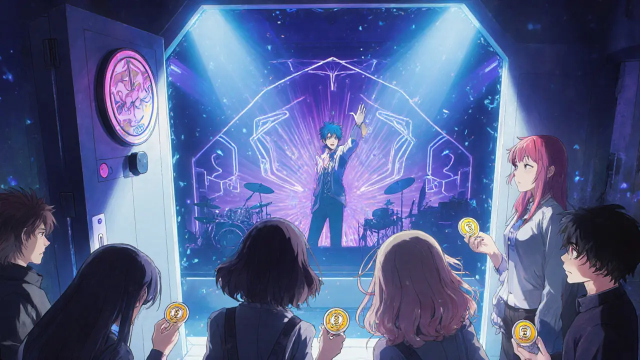 Fans use tokens to open a neon backstage door at a futuristic concert.