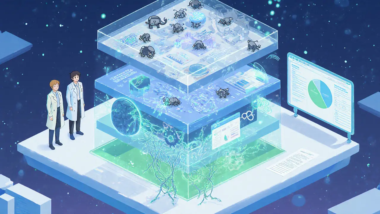 Four floating layers of Moby AI technology with engineers watching data crawlers, gears, neural vines, and dashboard.