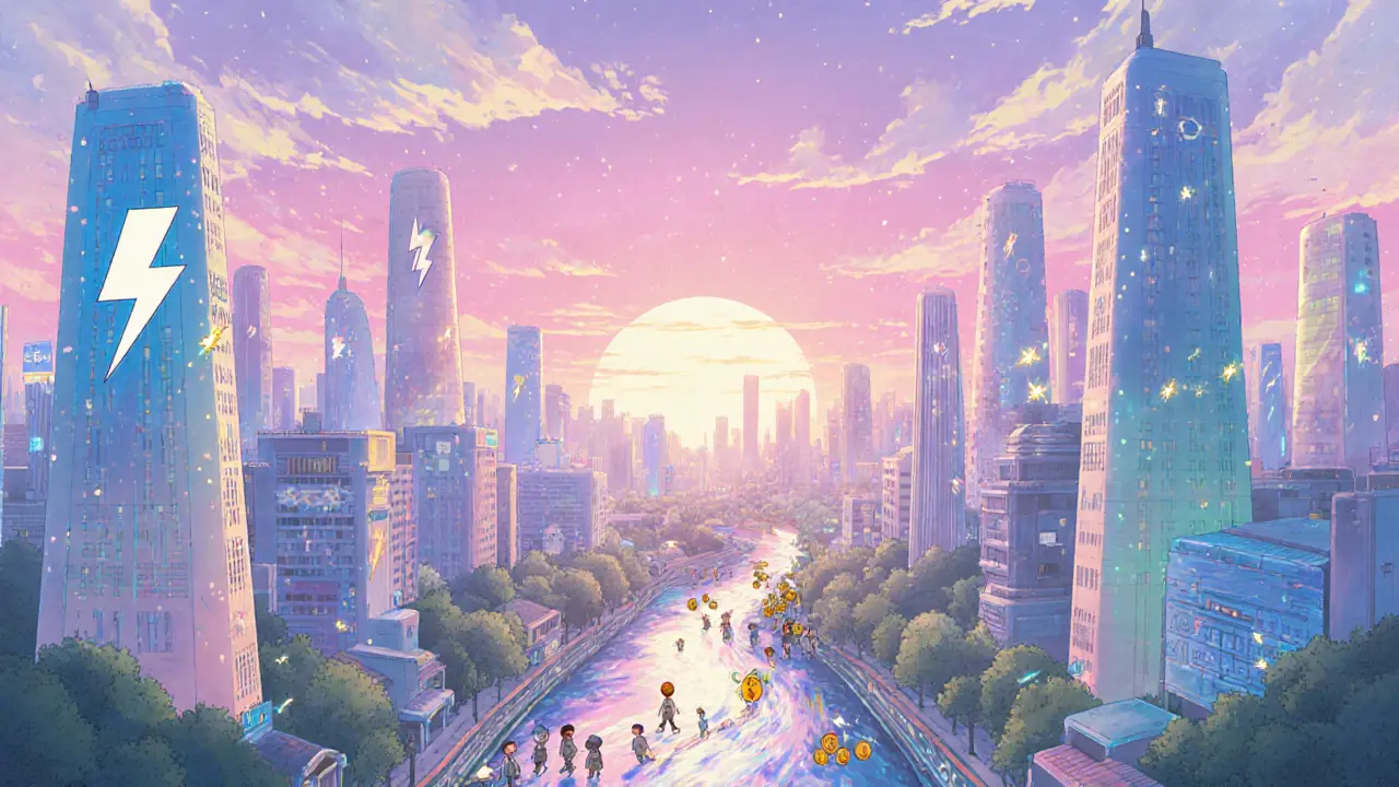 Futuristic cityscape shows instant token exchanges via glowing channels under a hopeful sunrise.