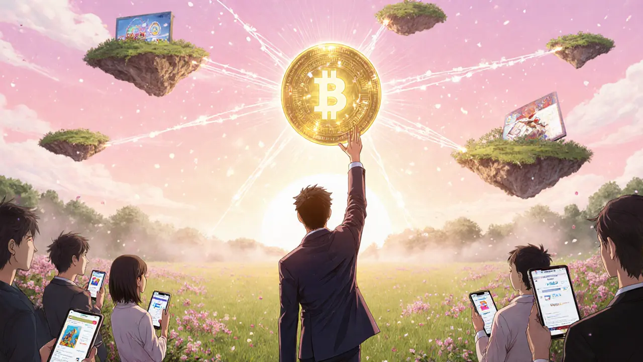Launch ceremony in a sunrise meadow with token projecting blockchain network.