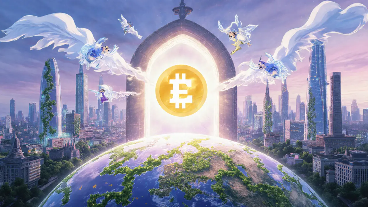 Magical portal releasing a crypto logo over EU cities, showing passporting.