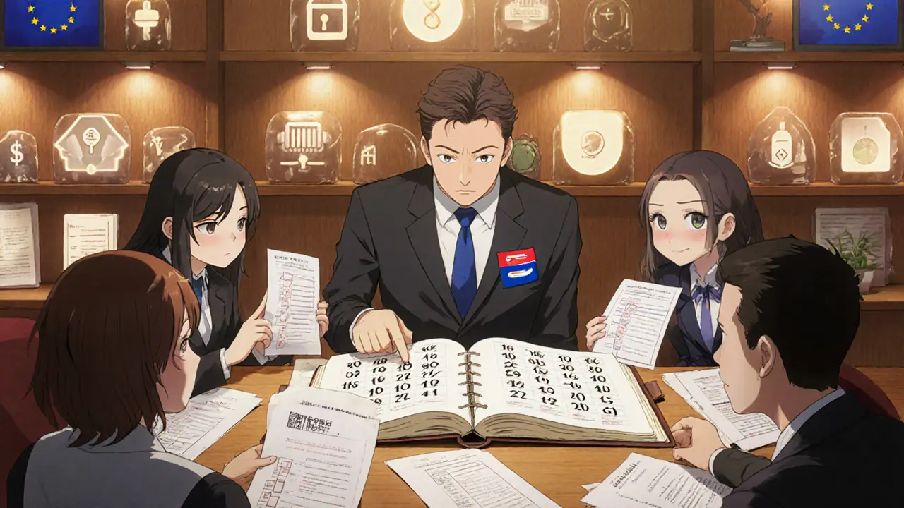 Office team reviewing MiCA licensing papers with capital numbers and director.