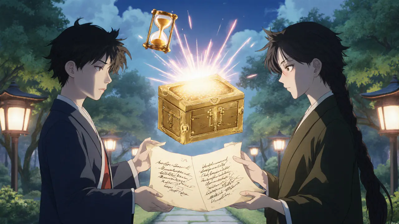 Two participants exchange a signed scroll beside a golden multi‑signature contract with a timer above.