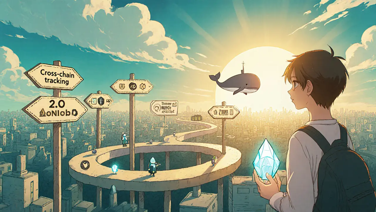Winding roadmap with milestone signs and hopeful user holding glowing MOBY token under sunrise, Ghibli vibe.