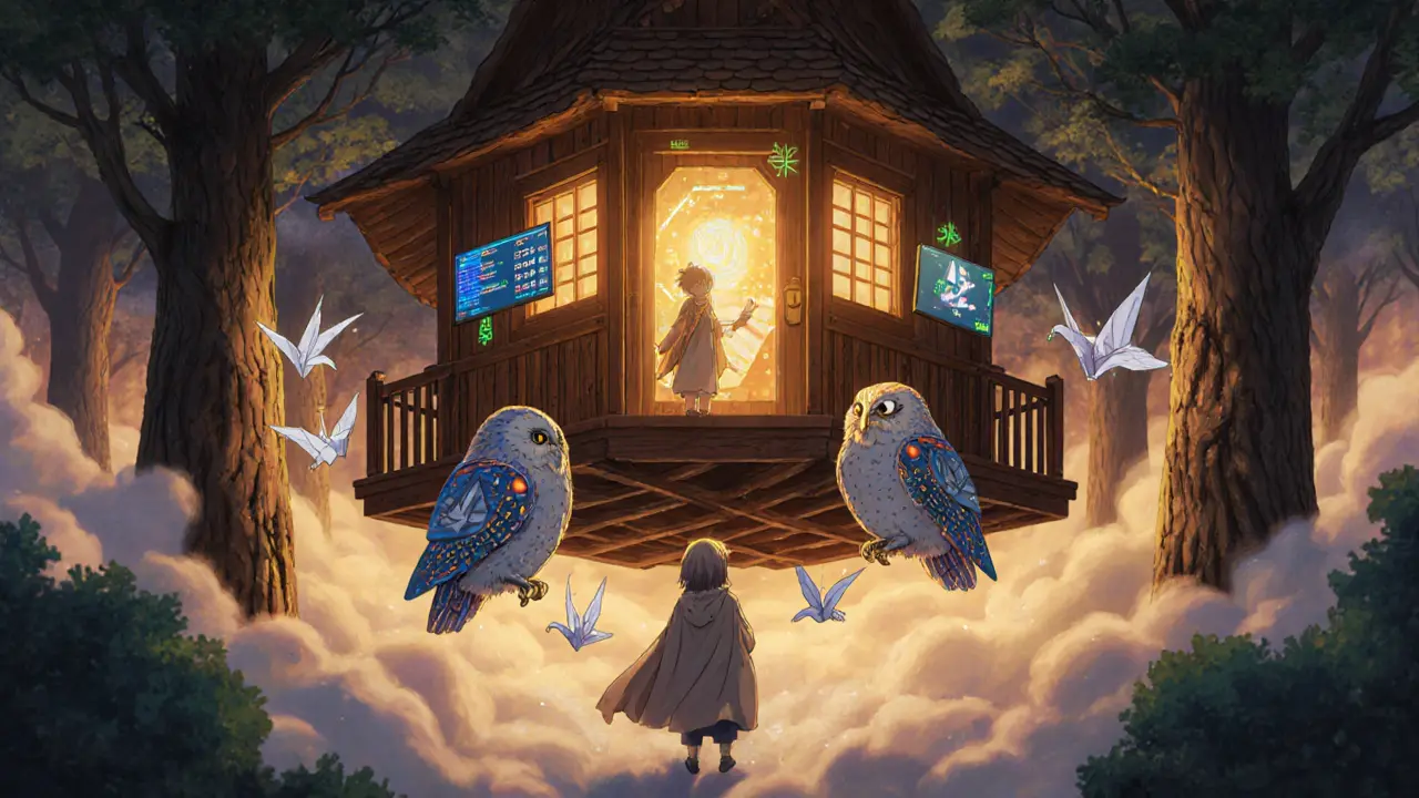 A treehouse data center with mechanical owls retrieves live financial data under warm lantern light among floating code cranes.